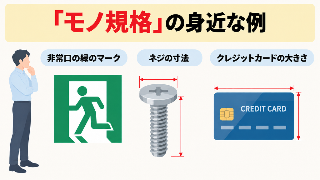 「モノ規格」の身近な例。非常口の緑のマーク、ネジの寸法、クレジットカードの大きさ